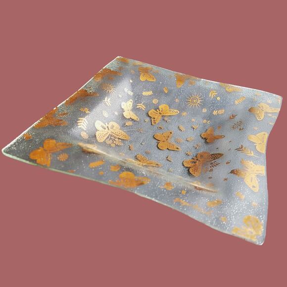 Vintage MCM 1960s Georges Briard Square Bent Glass Gold Butterfly Plate - Picture 3 of 6